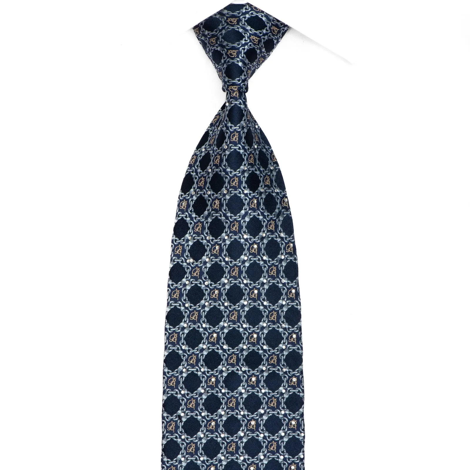 Interlocking Chains On Blue Rhinestone Silk Necktie