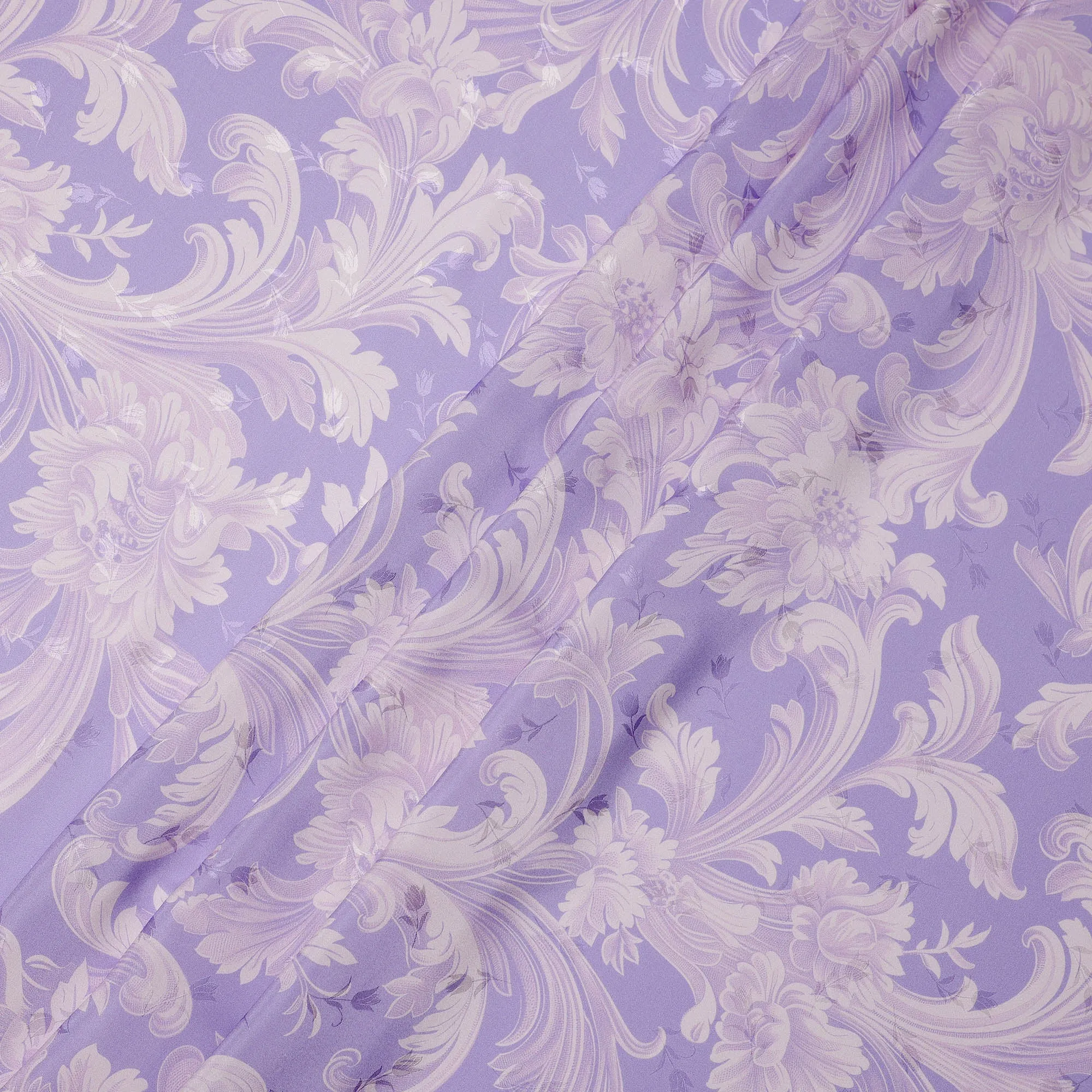 Lavender and Ivory Baroque Print Pure Silk Satin Fabric, 140 cm Width, Made in Italy -D21170