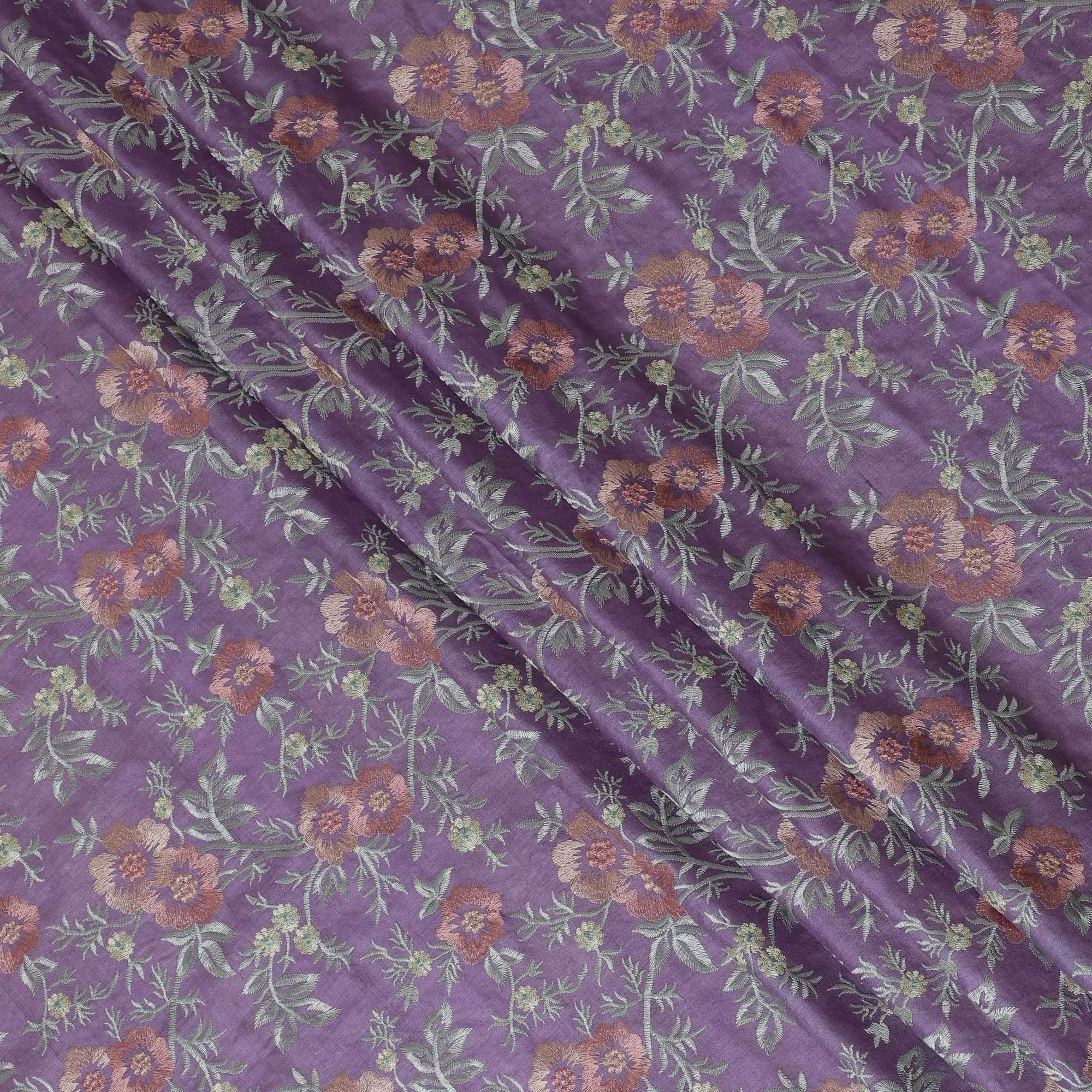 Lavender Tussar Silk Fabric with Intricate Floral Embroidery - 110 cm Wide - D19613