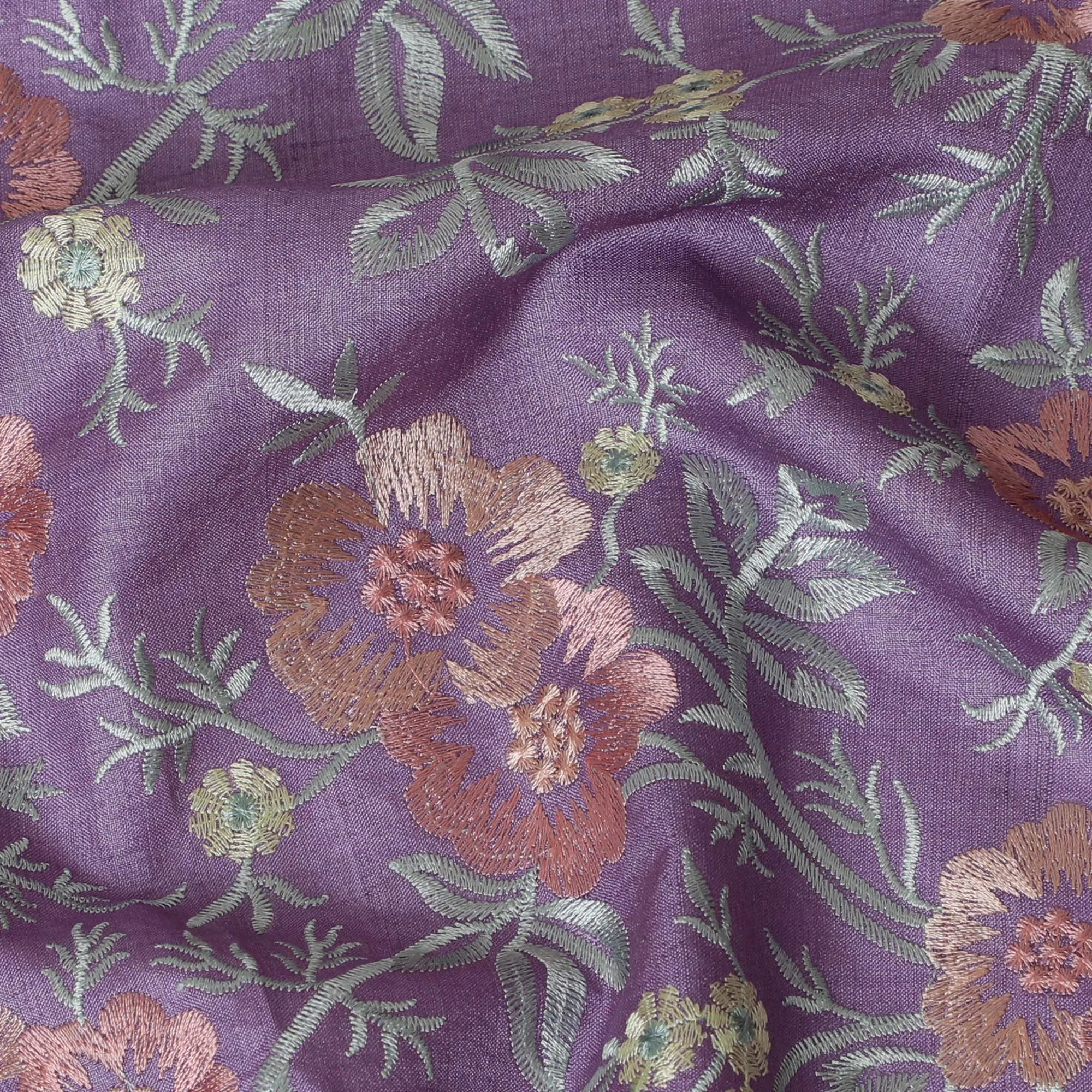 Lavender Tussar Silk Fabric with Intricate Floral Embroidery - 110 cm Wide - D19613