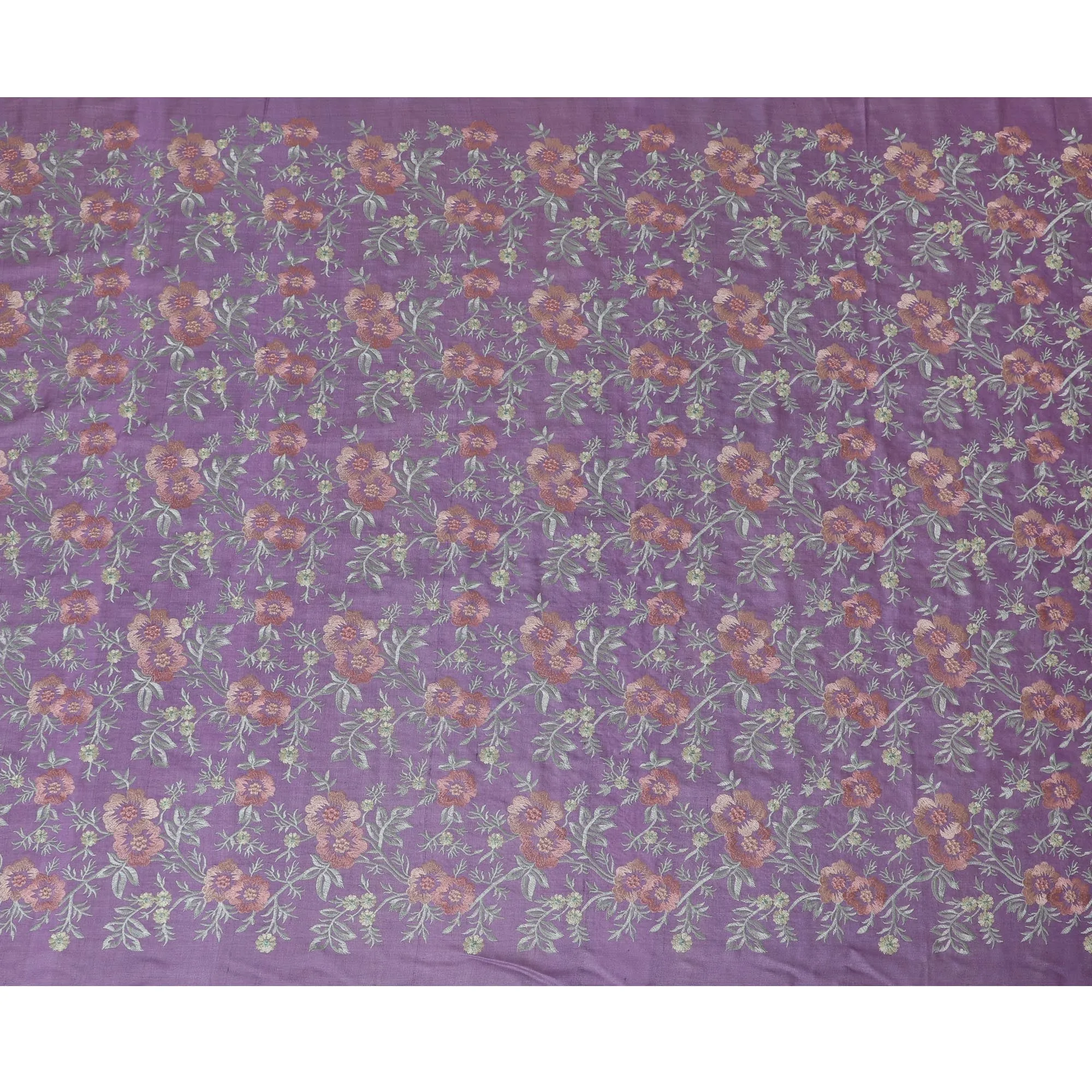 Lavender Tussar Silk Fabric with Intricate Floral Embroidery - 110 cm Wide - D19613