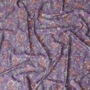 Lavender Tussar Silk Fabric with Intricate Floral Embroidery - 110 cm Wide - D19613