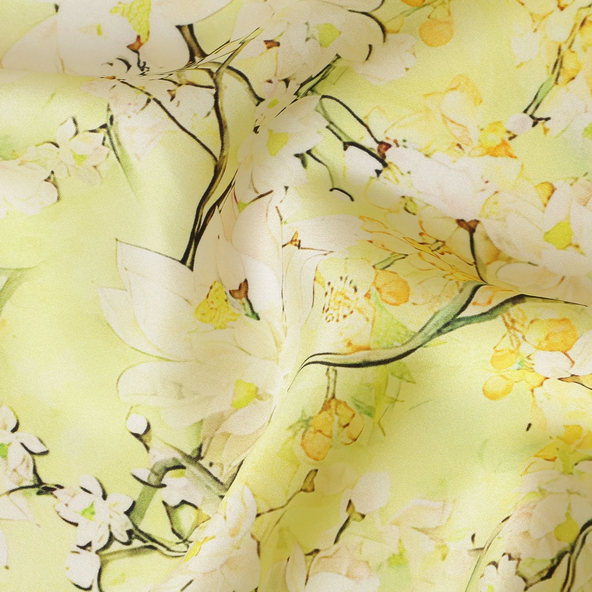 Lemon Yellow Blossom Pure Silk Satin Fabric - 140 cm Width, Made in Italy-D20734