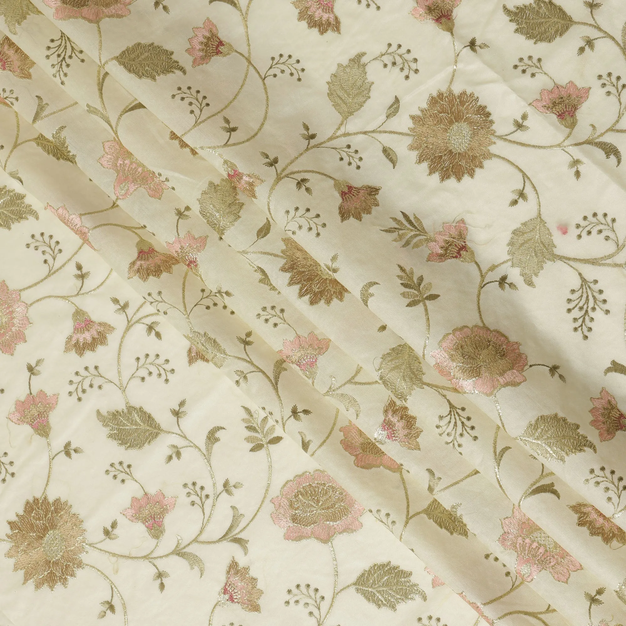 Light laurel green Cotton Silk Fabric with Gold and Pink Floral Embroidery, 110 cm Width-D20438