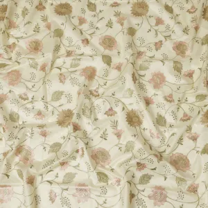 Light laurel green Cotton Silk Fabric with Gold and Pink Floral Embroidery, 110 cm Width-D20438