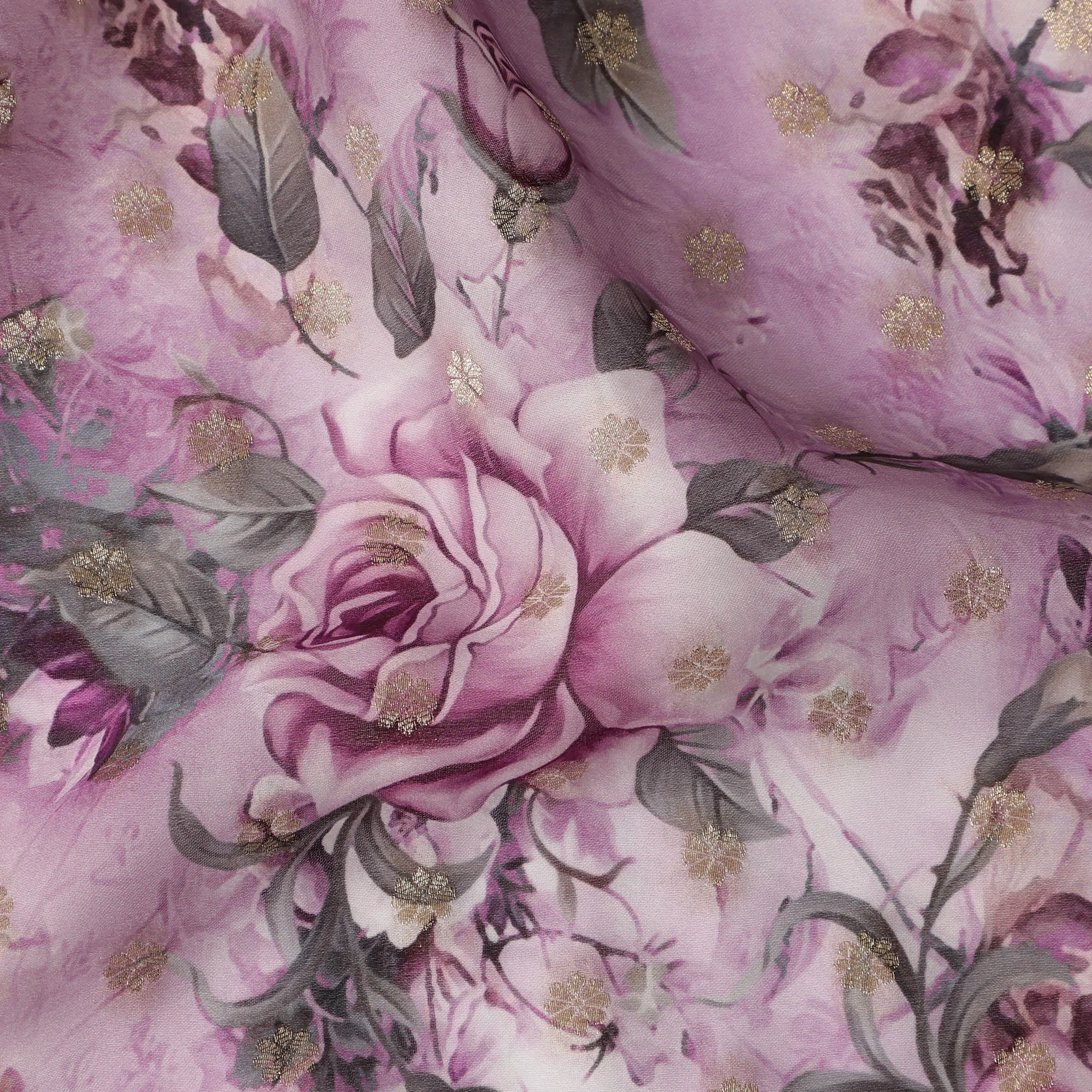 Lilac Pink Floral Synthetic Organza Satin Fabric, 110 cm Wide, Made in India-D20984