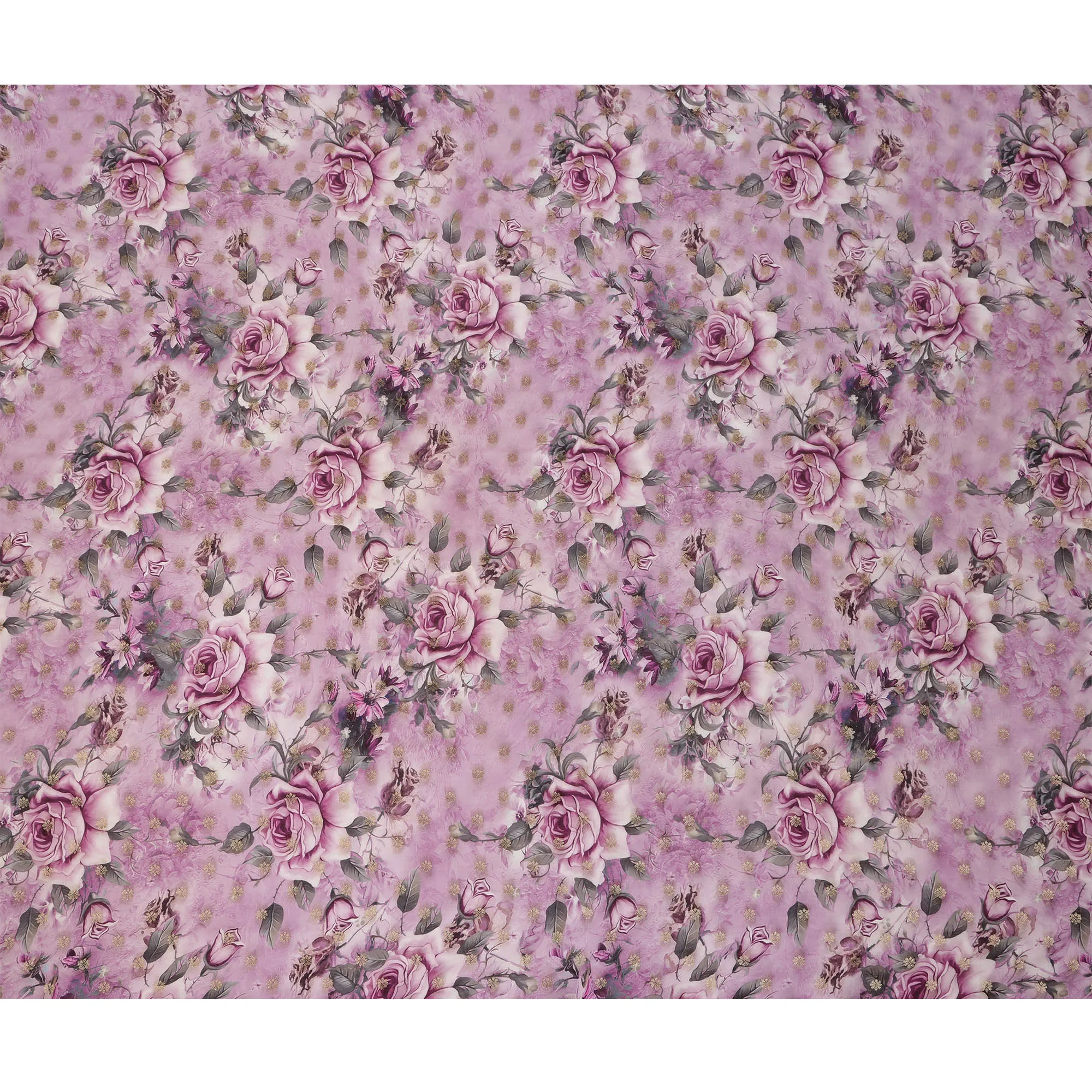 Lilac Pink Floral Synthetic Organza Satin Fabric, 110 cm Wide, Made in India-D20984