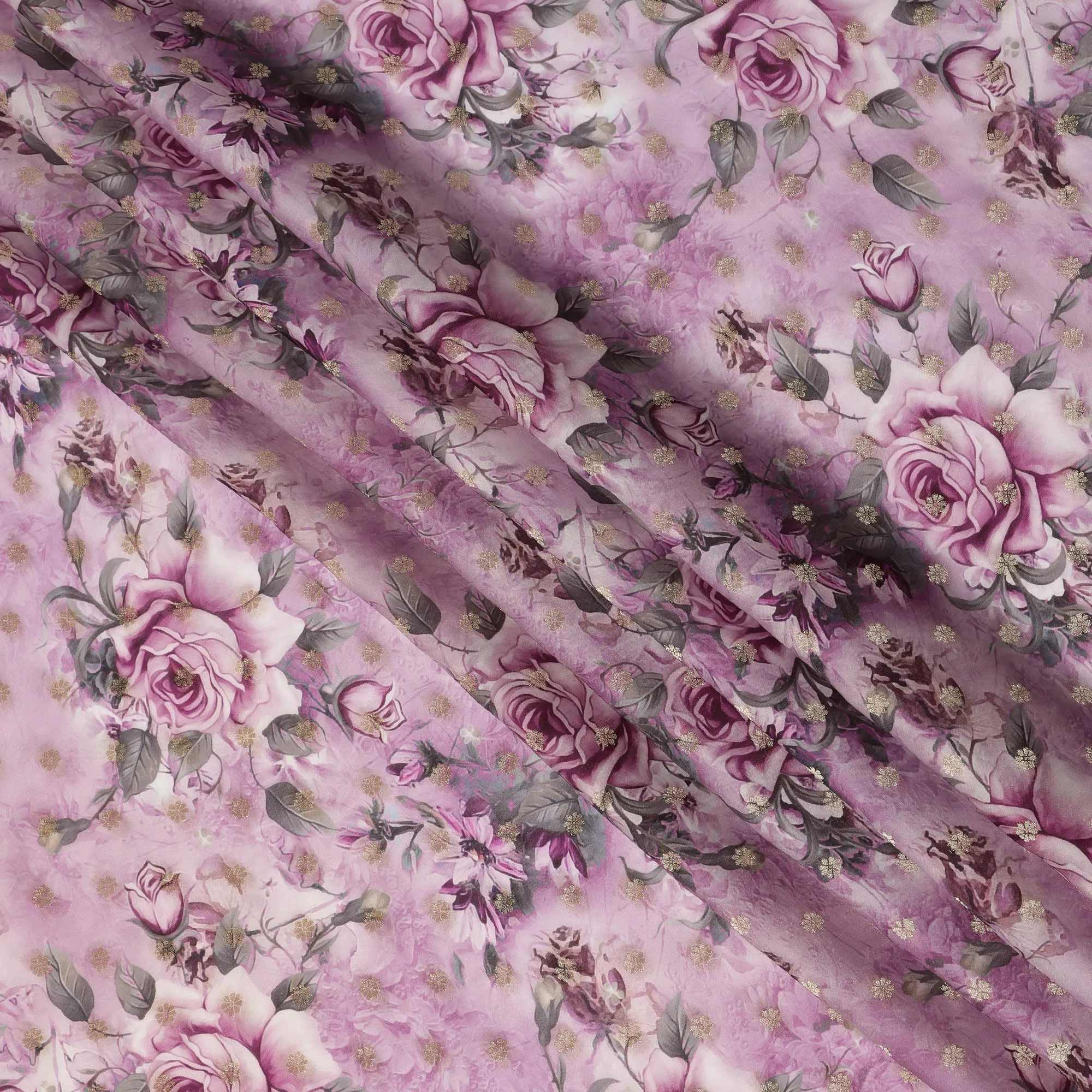 Lilac Pink Floral Synthetic Organza Satin Fabric, 110 cm Wide, Made in India-D20984