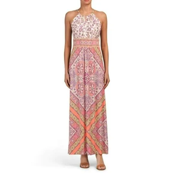 London Times Women's Halter Neck Printed Maxi Dress