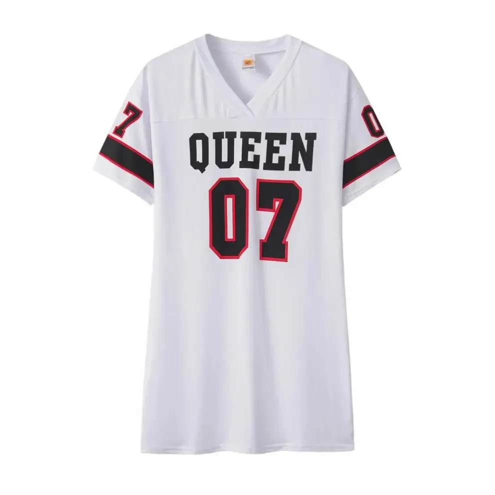 LVSANW 2024 New Fashion V-Neck Queen Letters Print Dress Short Sleeve Basketball Sporty Style Sexy Loose Female Clothing Streetwear