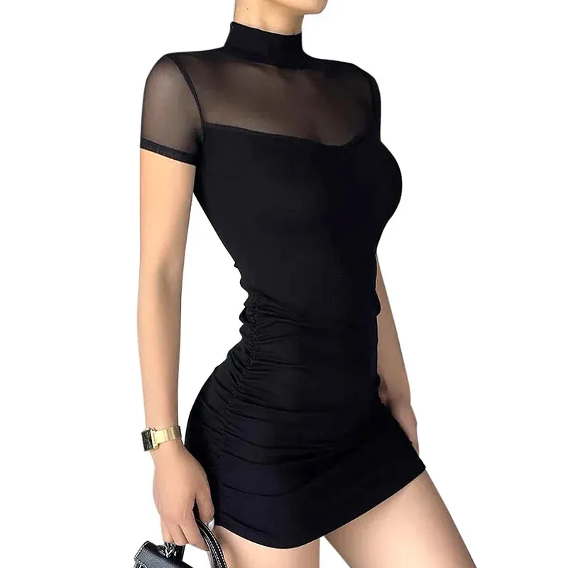 LVSANW CUTENOVA Goth Dark Mock Neck Y2k Bodycon Mini Dresses Gothic Women Mesh Patchwork Sheer Party Dress