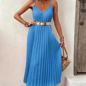 LVSANW Elegant and fashionable solid color pleated V-neck off shoulder strap dress for European and American women