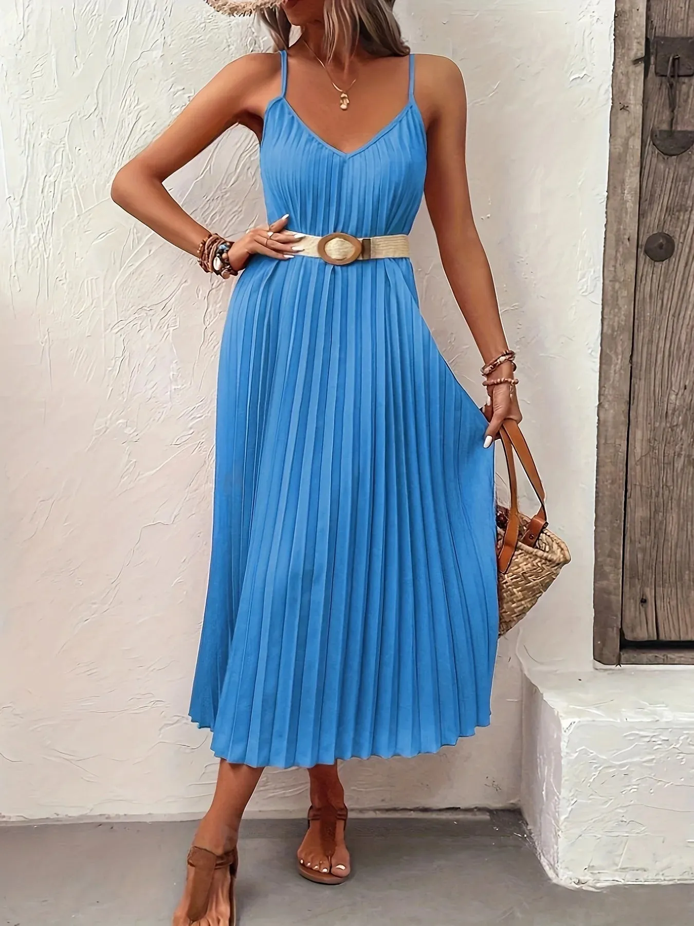 LVSANW Elegant and fashionable solid color pleated V-neck off shoulder strap dress for European and American women