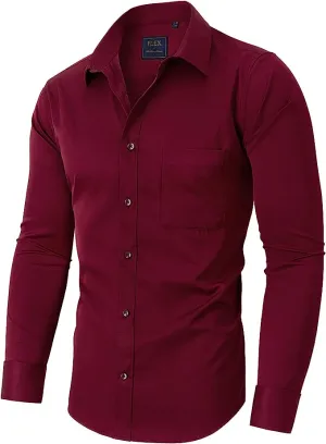 Men's Dress Shirts Wrinkle-Free Long Sleeve Stretch Solid Formal Business Button Down Shirt with Pocket - Wine