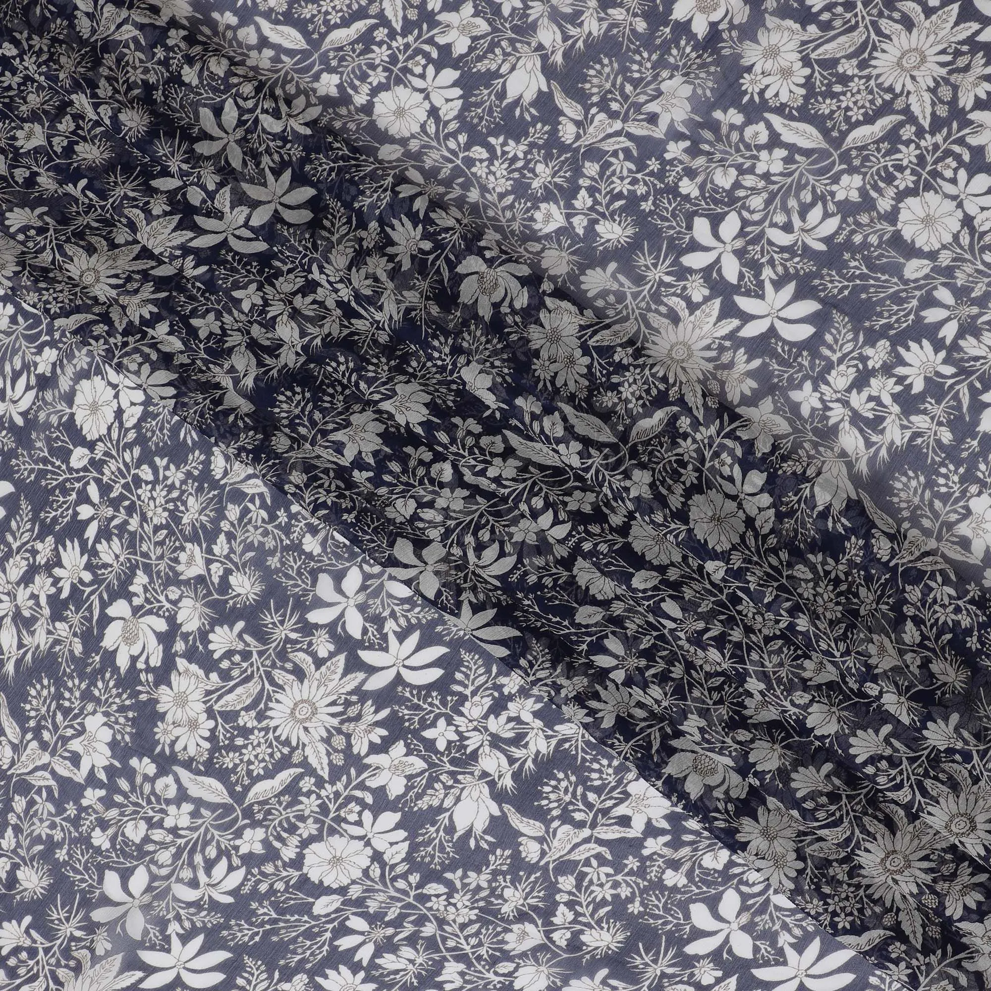 Midnight Flora Pure Wrinkle Silk Chiffon Fabric - Elegant Monochrome Print, 110cm Width - Buy Online by the Meter-D18050