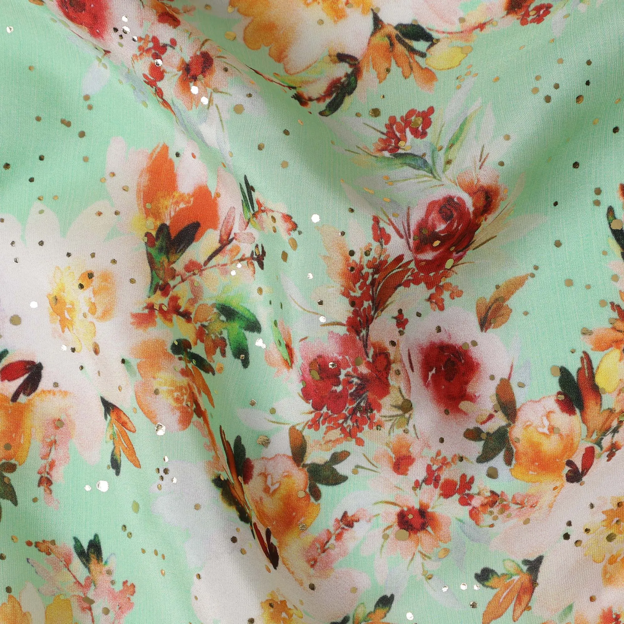 Mint Green Indian Viscose Crepe Fabric with Foil, Orange & Red Floral Print, 110 cm Width-D20923