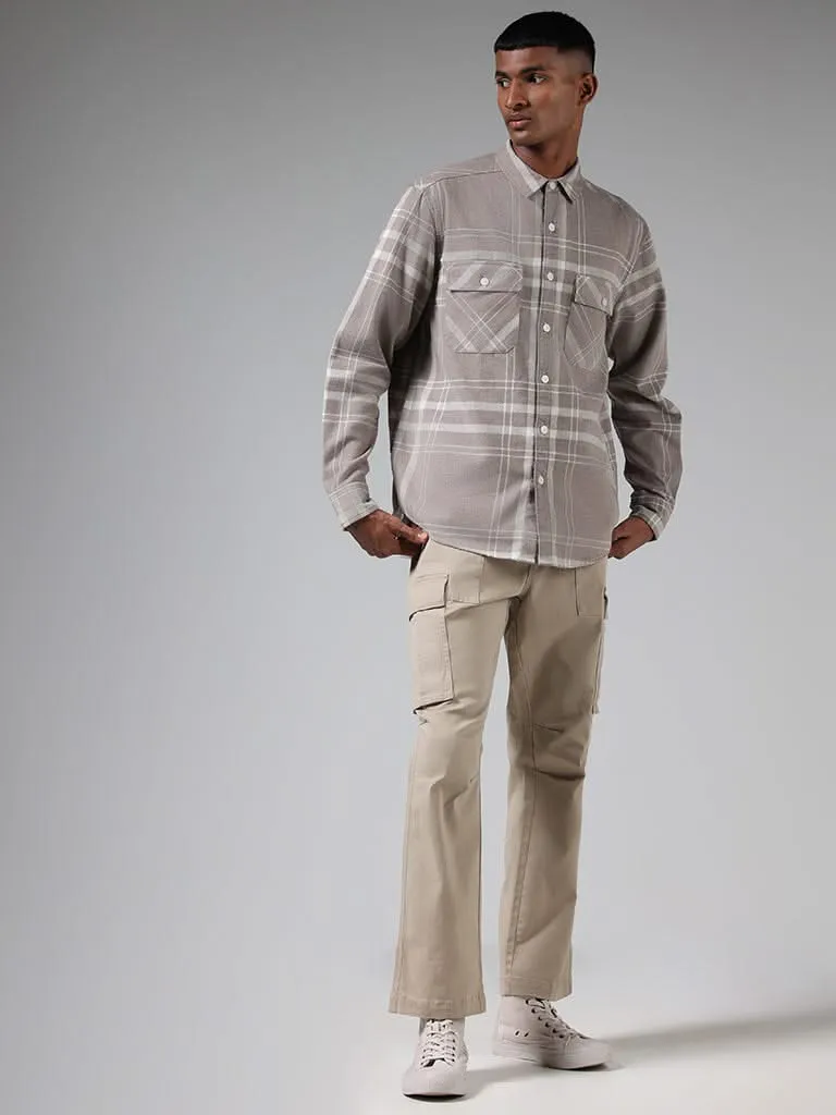 Nuon Light Brown Checked Cotton Relaxed-Fit Shirt