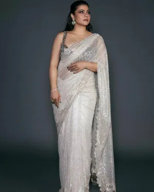 Off White Mono Net Stunning Pastel Sequins Saree