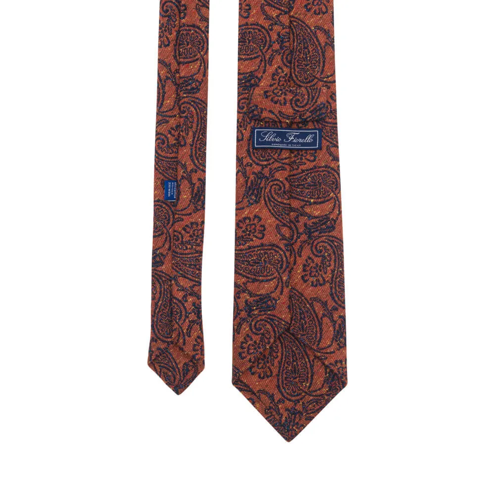 Orange Paisley Motif Cotton Silk Wool Tie