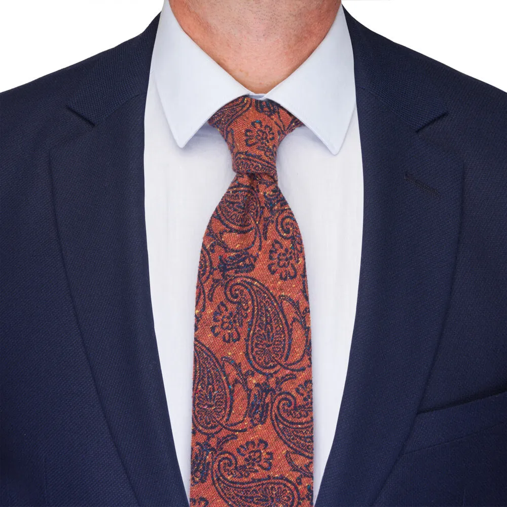 Orange Paisley Motif Cotton Silk Wool Tie