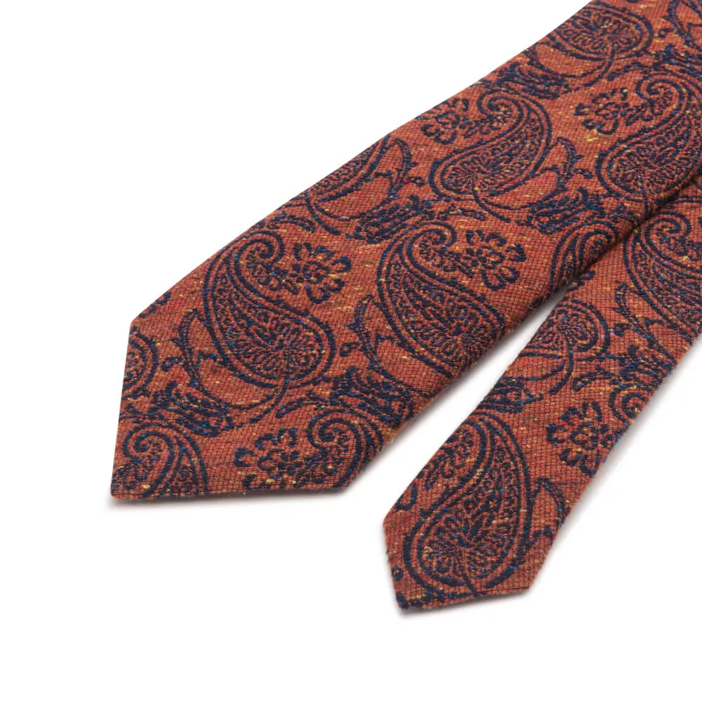 Orange Paisley Motif Cotton Silk Wool Tie