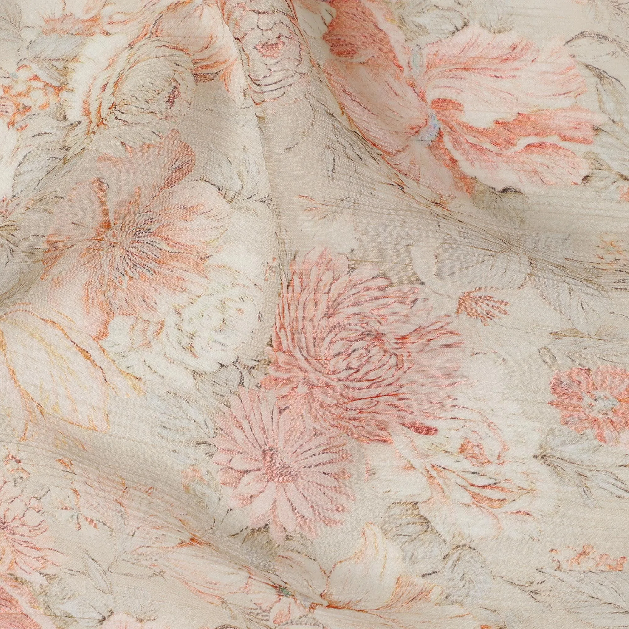 Peach and Ivory Synthetic Crepe Fabric with Floral Print, 110 cm Width-D20686