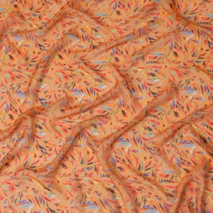 Peach Blossom Synthetic Chiffon Fabric with Tropical Blue and Orange Leaf Print, 140 cm Wide-D19115