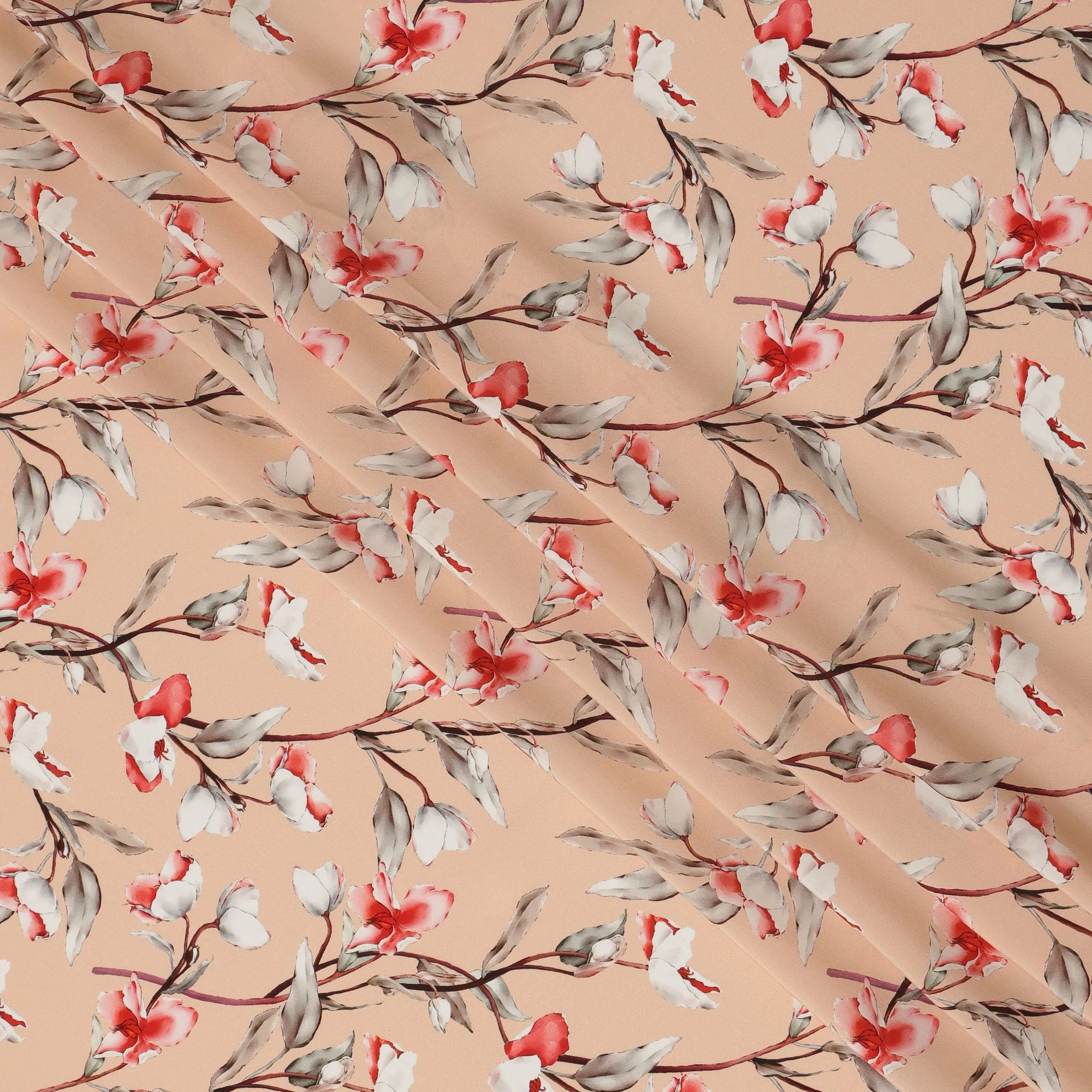 Peach Viscose Fabric with White and Coral Floral Digital Print, 110 cm Width-D20635