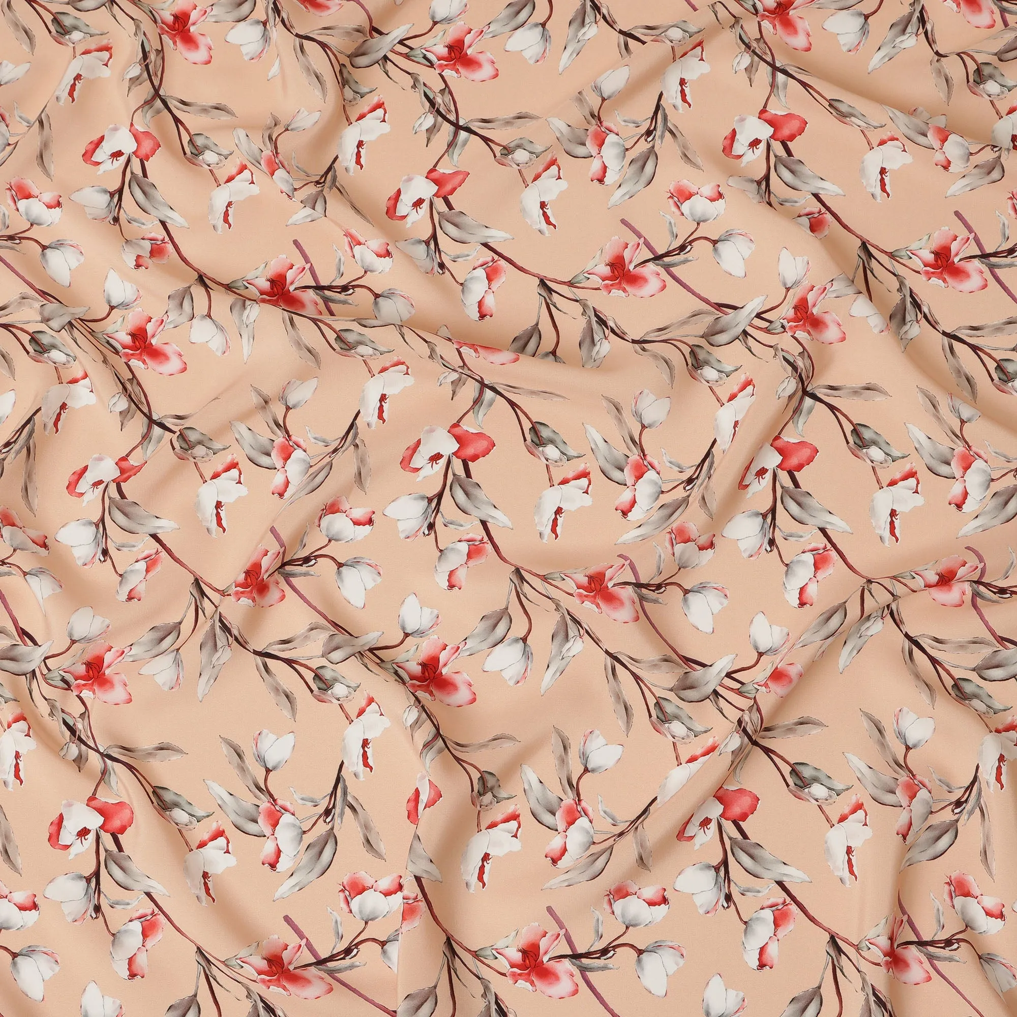 Peach Viscose Fabric with White and Coral Floral Digital Print, 110 cm Width-D20635