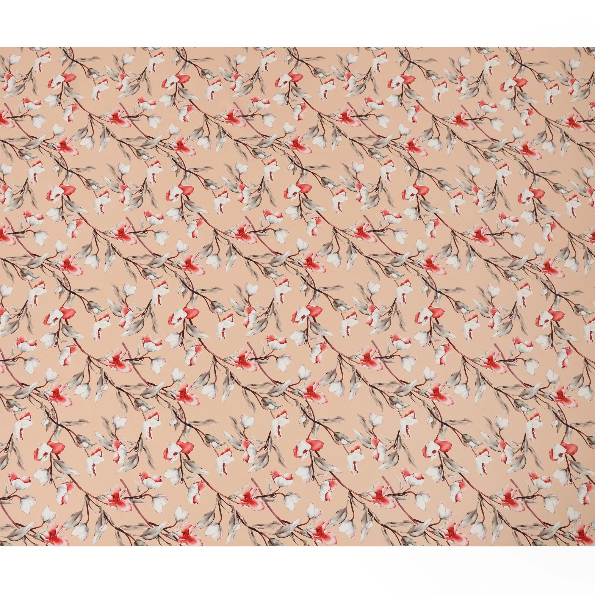 Peach Viscose Fabric with White and Coral Floral Digital Print, 110 cm Width-D20635