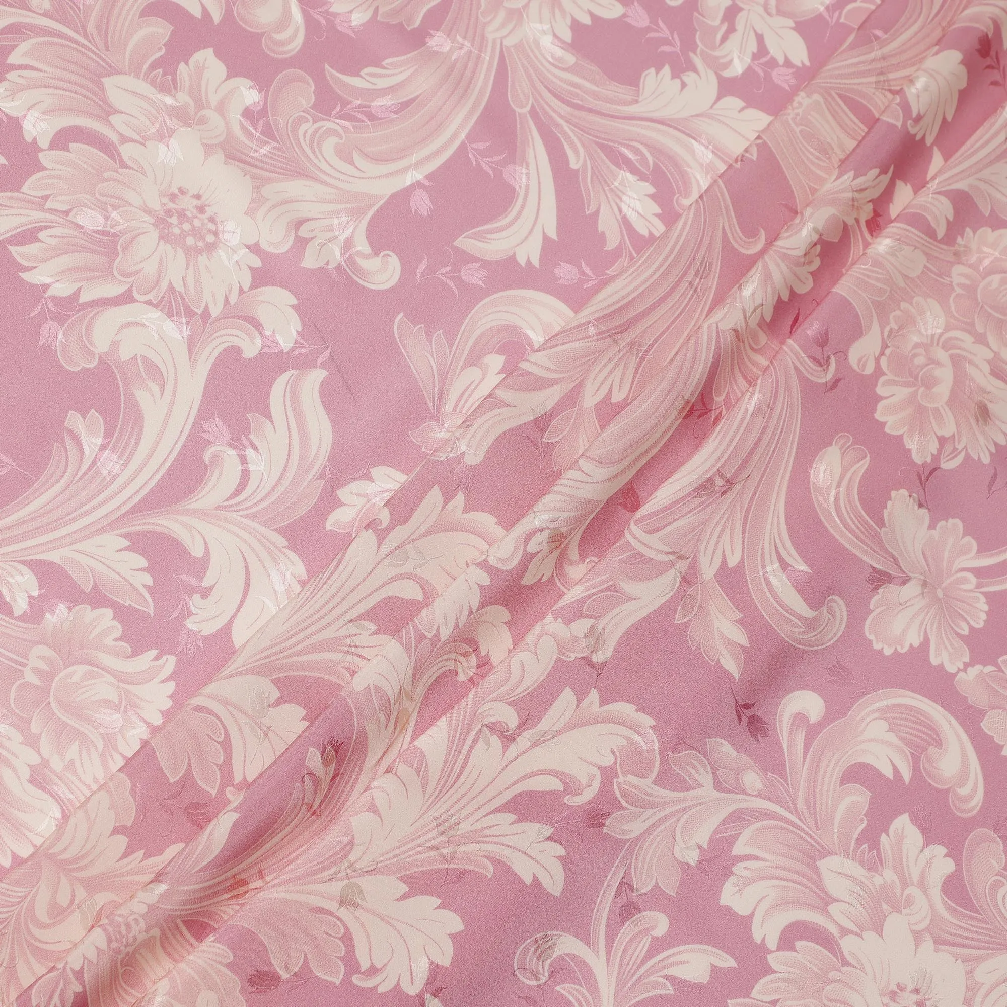 Pink and Ivory Baroque Print Pure Silk Satin Fabric, 140 cm Width, Made in Italy -D21168