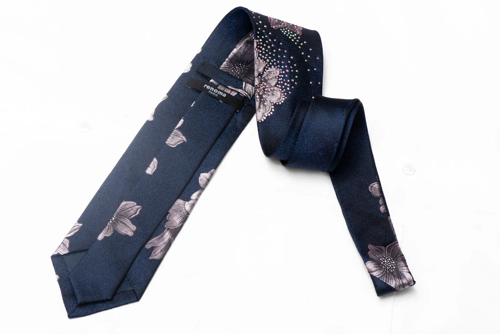 Pink Silver Floral On Navy Rhinestone Silk Tie