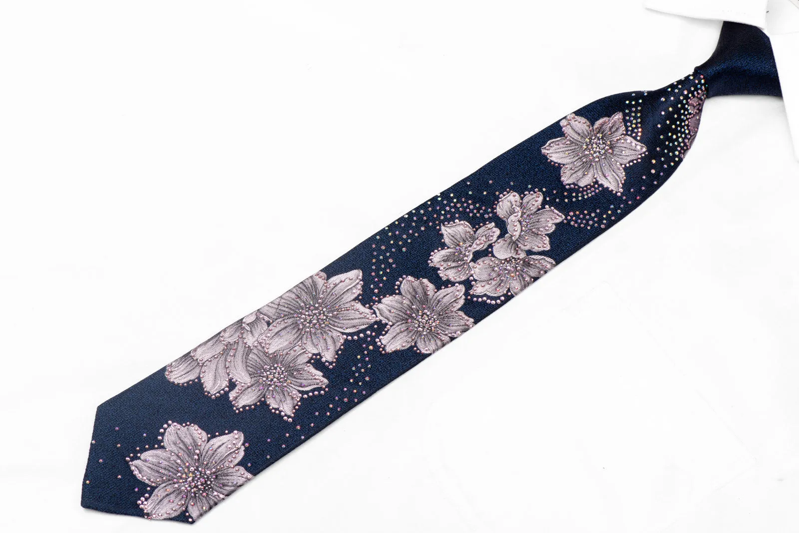 Pink Silver Floral On Navy Rhinestone Silk Tie