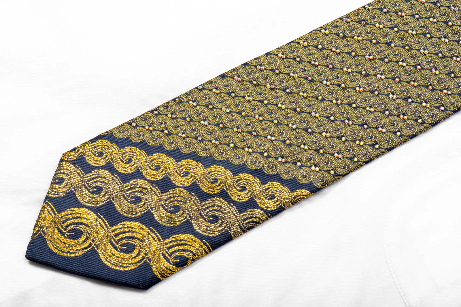 Rhinestone Tie Golden Scrolls On Navy With Sparkles