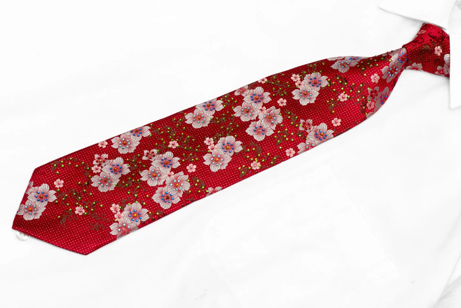 Silver Floral On Burgundy Red Rhinestone Silk Tie With Sparkles