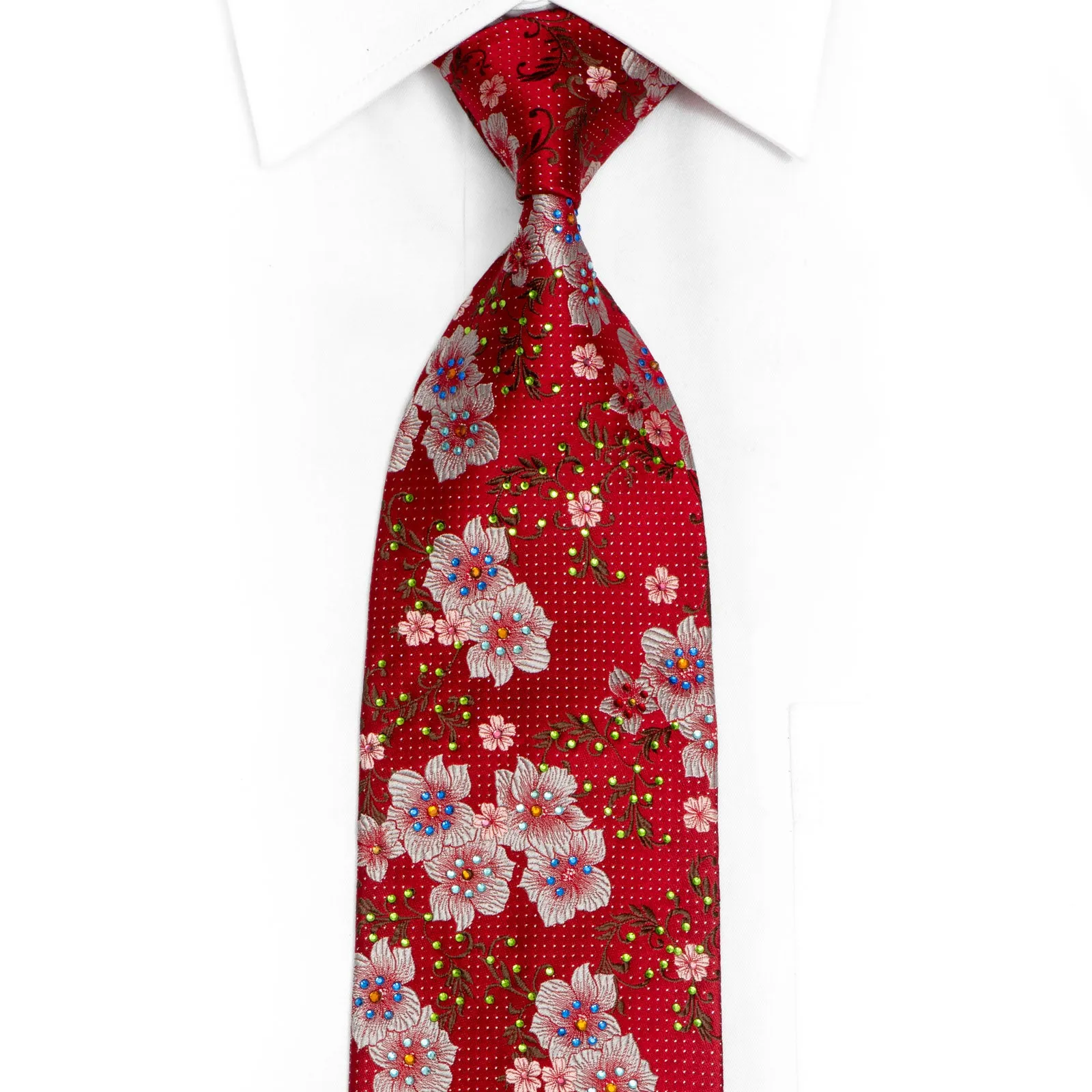 Silver Floral On Burgundy Red Rhinestone Silk Tie With Sparkles