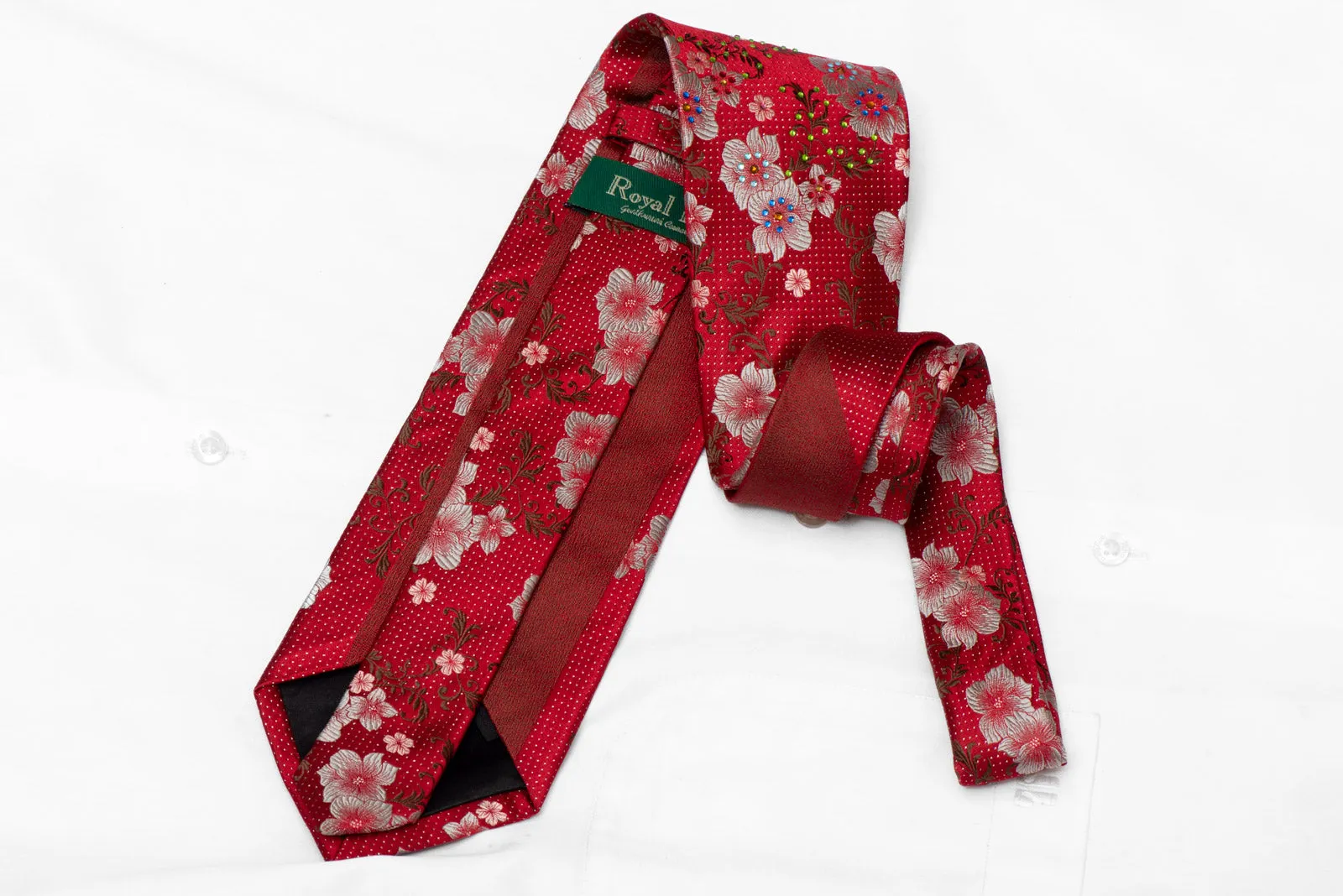 Silver Floral On Burgundy Red Rhinestone Silk Tie With Sparkles