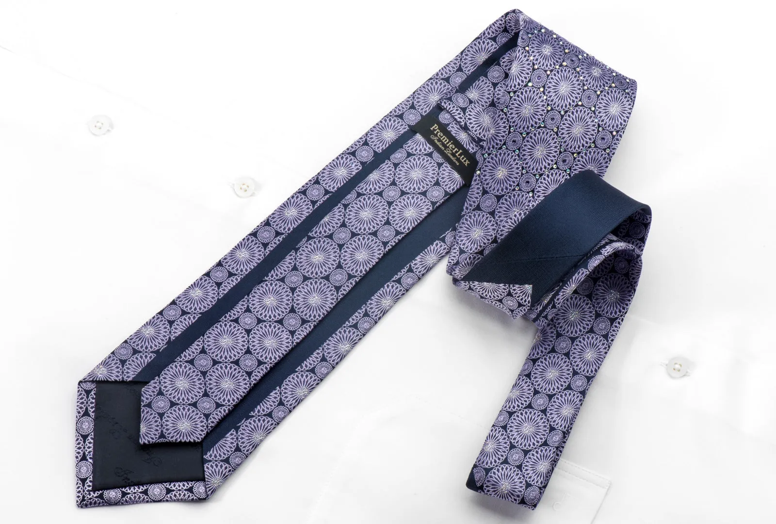 Silver Mauve Medallions On Navy Men's Rhinestone Silk Necktie With Silver Sparkles