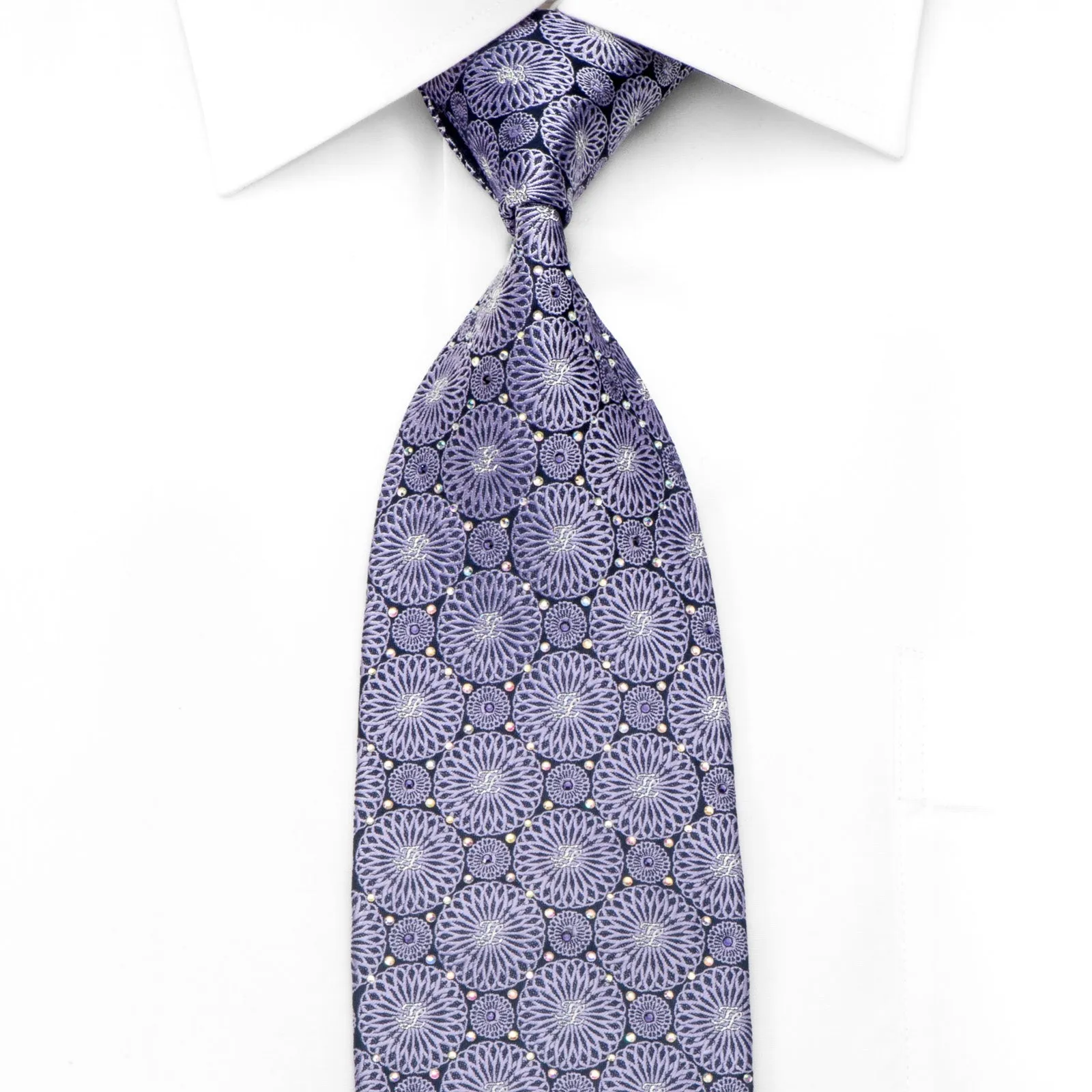 Silver Mauve Medallions On Navy Men's Rhinestone Silk Necktie With Silver Sparkles