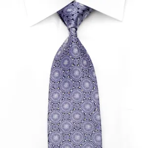 Silver Mauve Medallions On Navy Men's Rhinestone Silk Necktie With Silver Sparkles