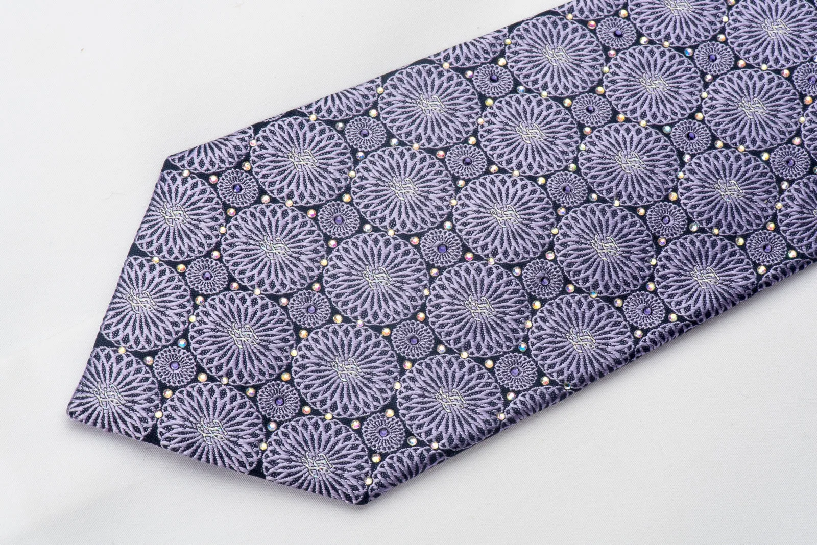 Silver Mauve Medallions On Navy Men's Rhinestone Silk Necktie With Silver Sparkles