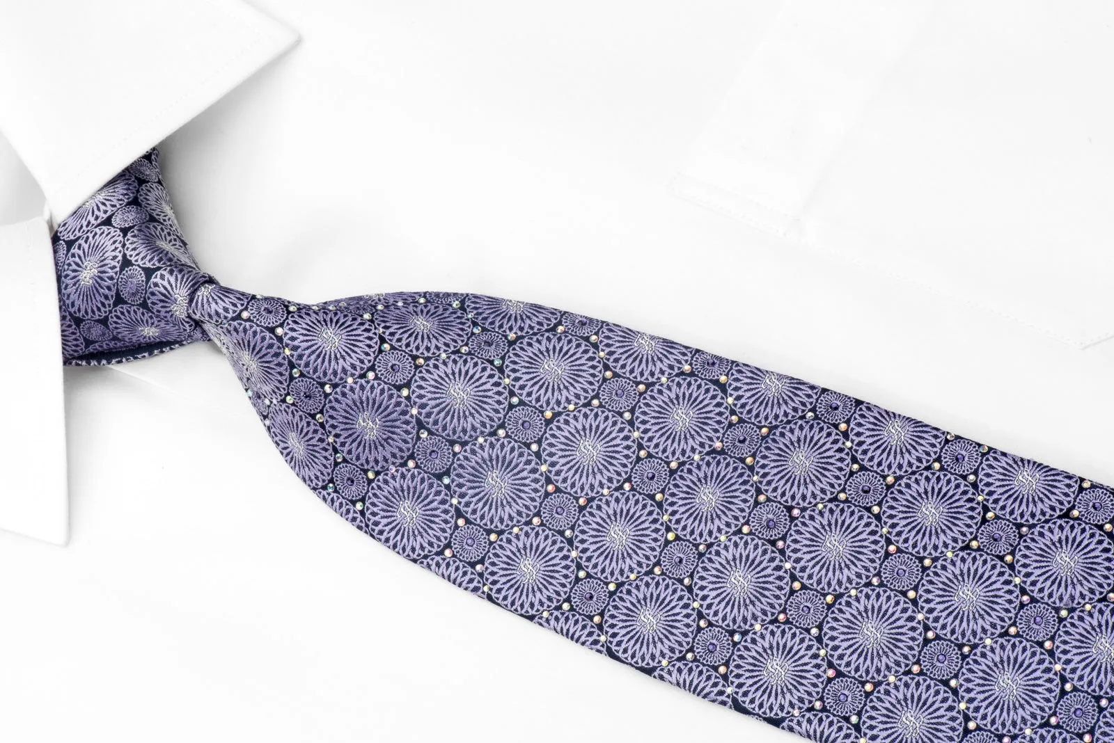 Silver Mauve Medallions On Navy Men's Rhinestone Silk Necktie With Silver Sparkles