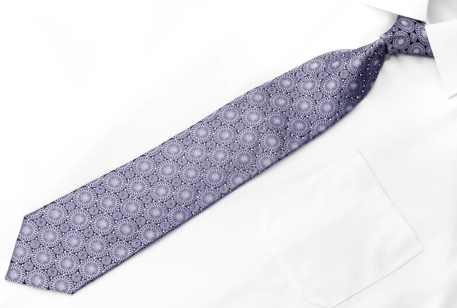 Silver Mauve Medallions On Navy Men's Rhinestone Silk Necktie With Silver Sparkles