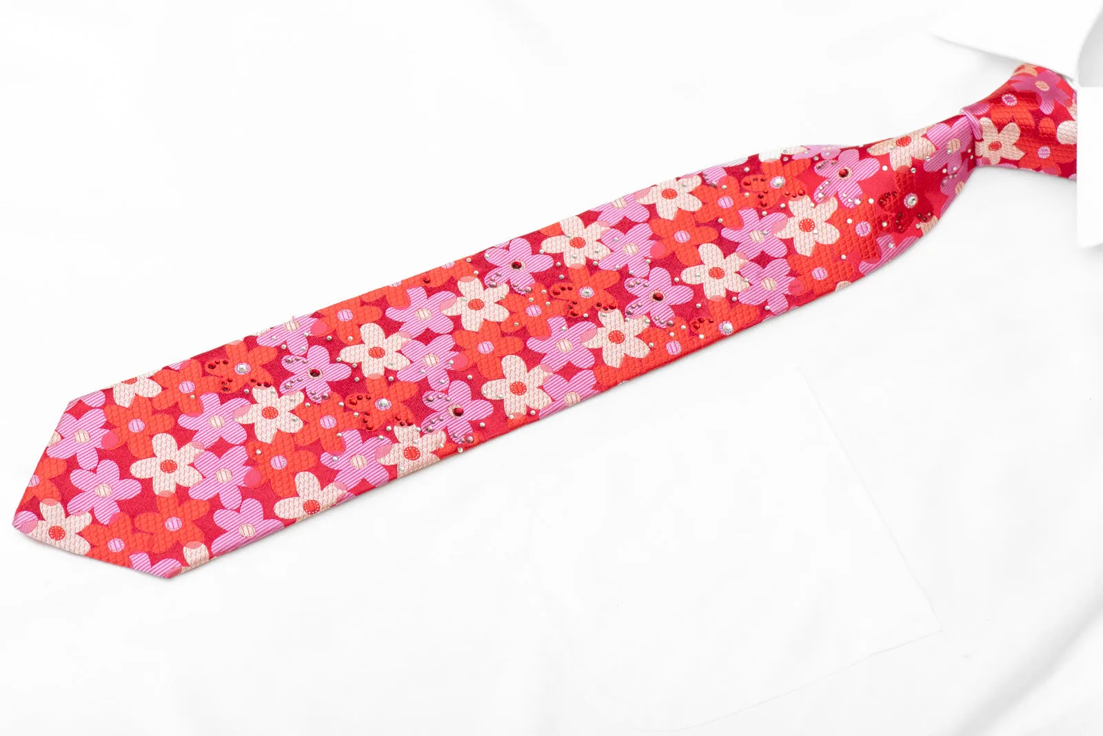 Silver Mauve Red Floral On Red Rhinestone Necktie With Sparkles