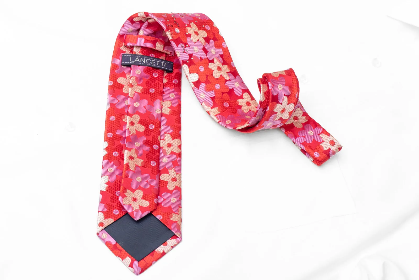 Silver Mauve Red Floral On Red Rhinestone Necktie With Sparkles