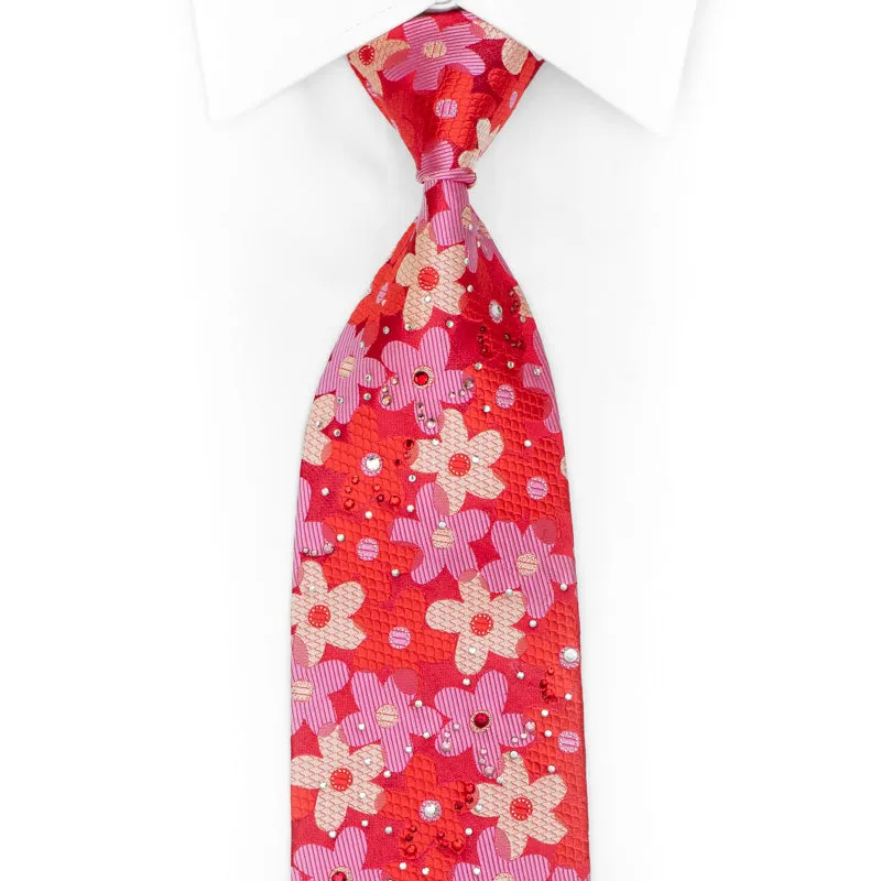 Silver Mauve Red Floral On Red Rhinestone Necktie With Sparkles