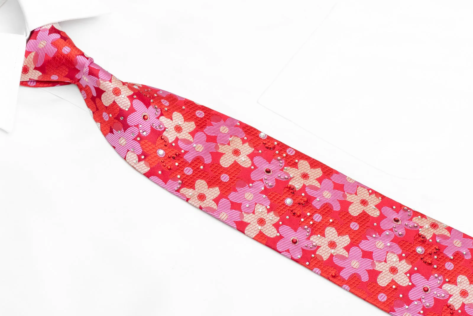 Silver Mauve Red Floral On Red Rhinestone Necktie With Sparkles