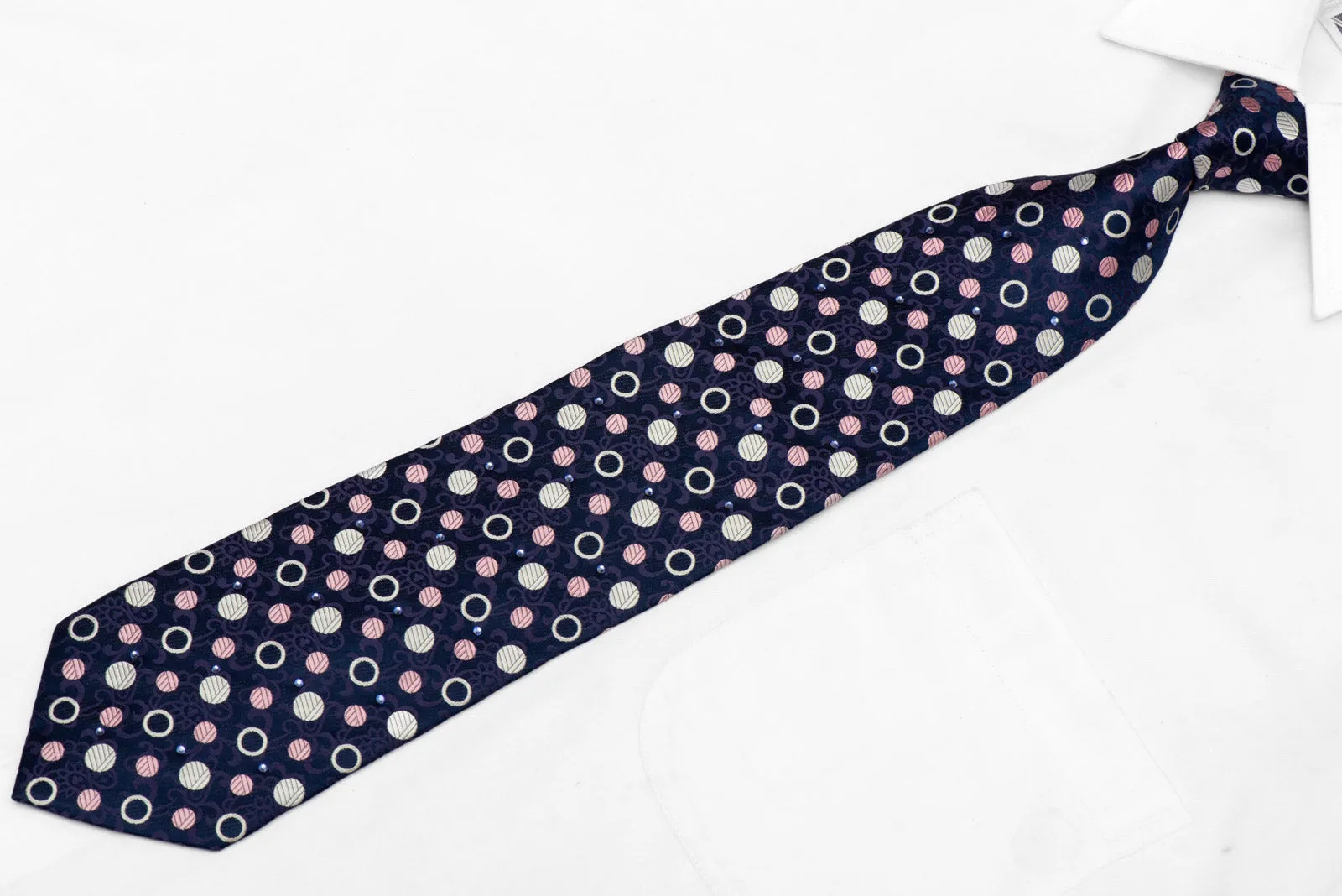 Silver Pink Polka Dots On Navy Rhinestone Silk Necktie