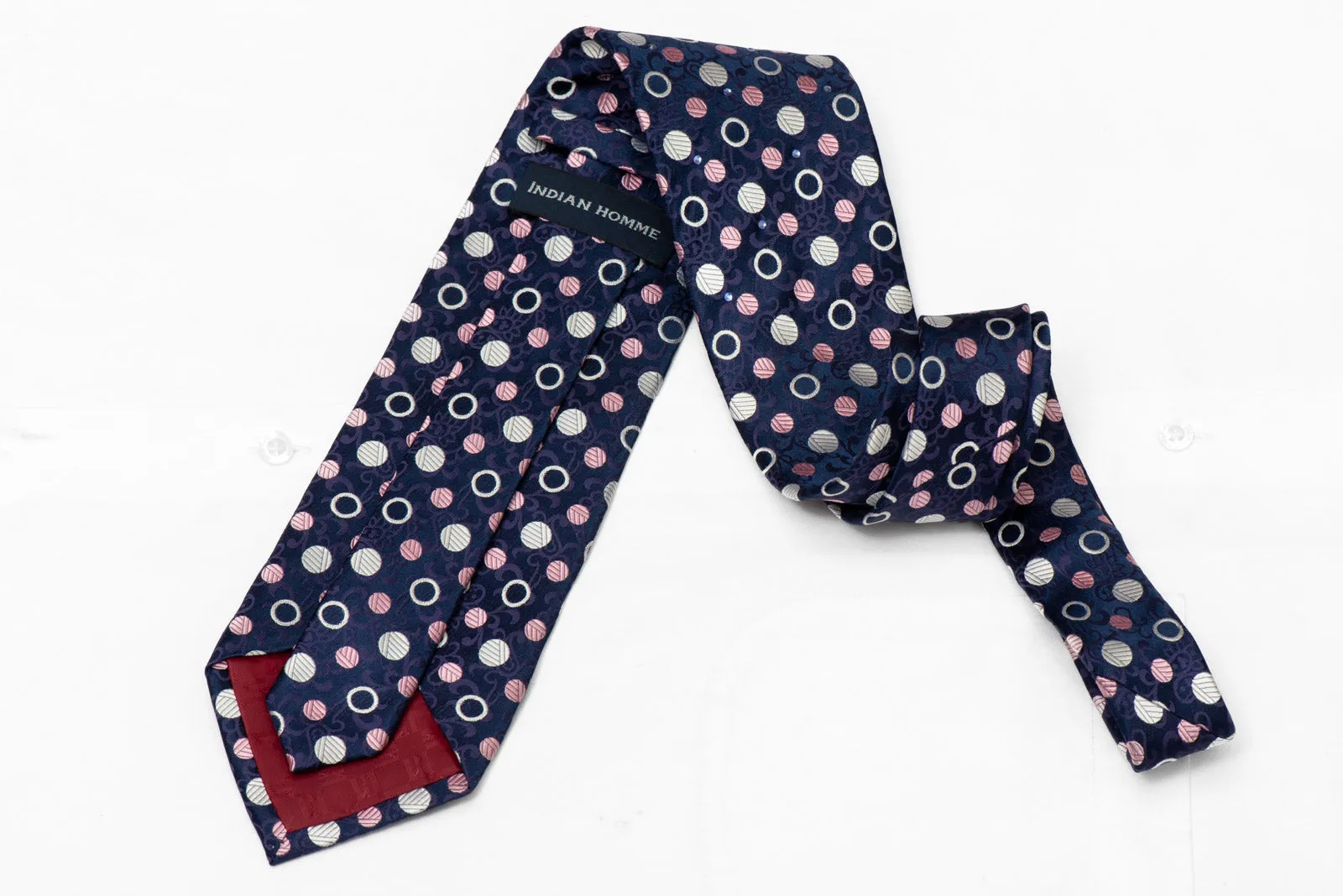 Silver Pink Polka Dots On Navy Rhinestone Silk Necktie