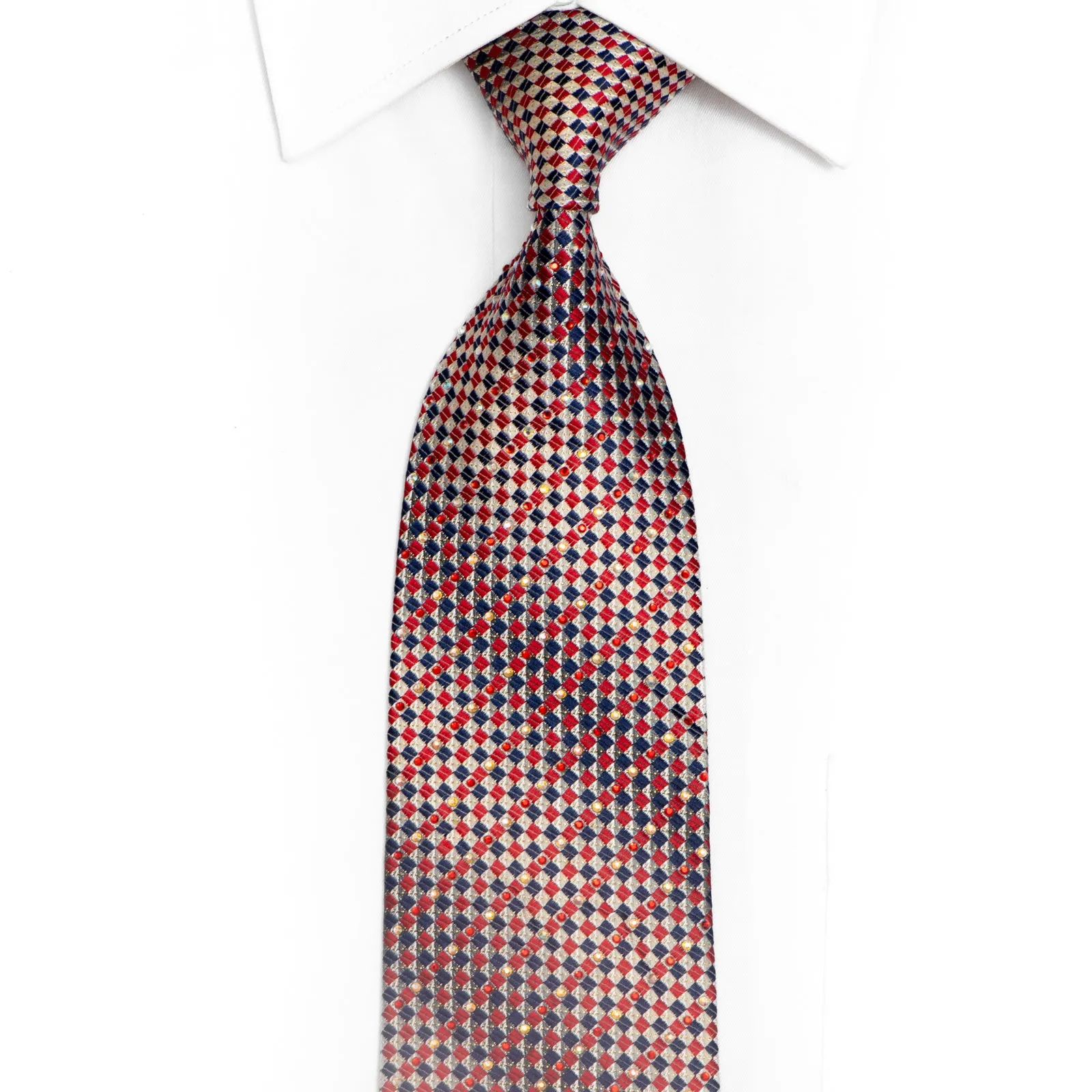 Silver Red Blue Checkered Rhinestone Silk Necktie With Silver Sparkles